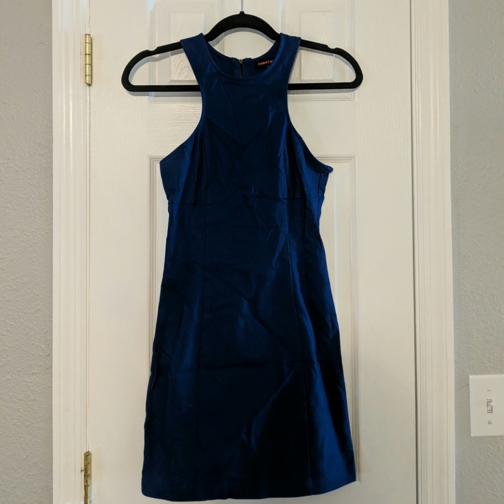 Blue body con dress  open back, fun neckline